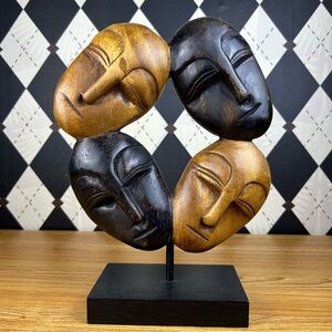 Abstract Wooden Face Sculpture in Brown and Black